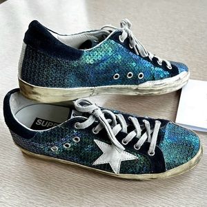 GOLDEN GOOSE Blue and Green Sequin Superstars Size 41